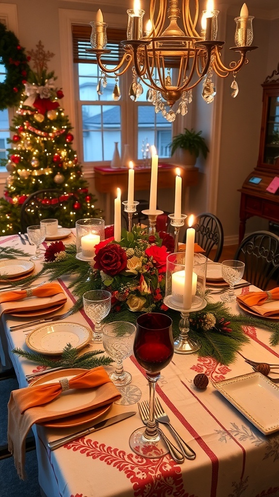 A festive Christmas table setting with elegant decor, candles, and natural elements.